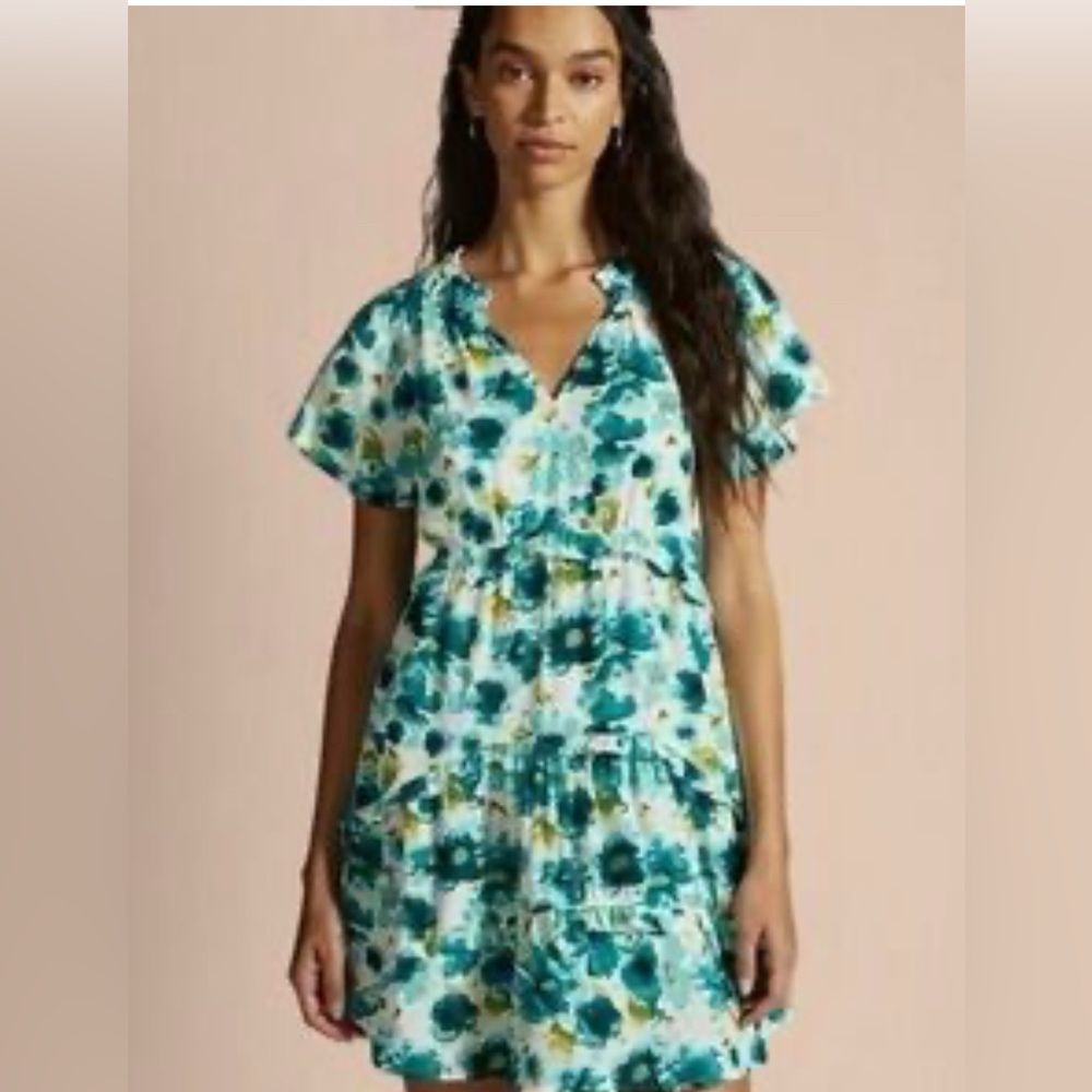 Anthropologie Teal and Green Floral Tiered Ruffle Dress